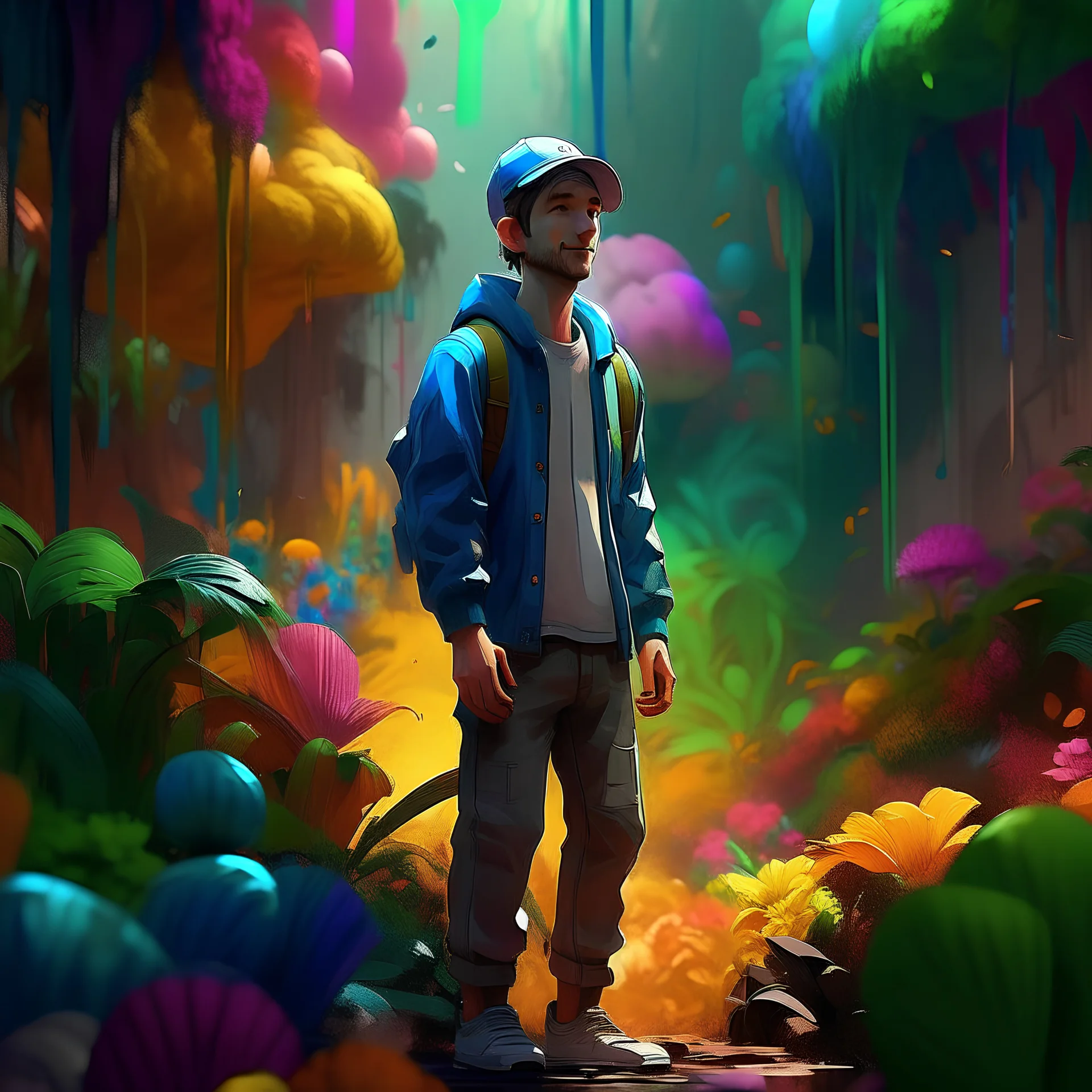 Expressive photo made with color spots of The guy who paid the bill never spoke of pixar animated film '165 degree planting plan'. Happiness. Happy background. Colorful. Volumetric lighting. Atmospheric. Exquisite detail. Hight quality. Assasinmonkey art style., conceptual art, 3d render, painting, illustration, anime, fashion