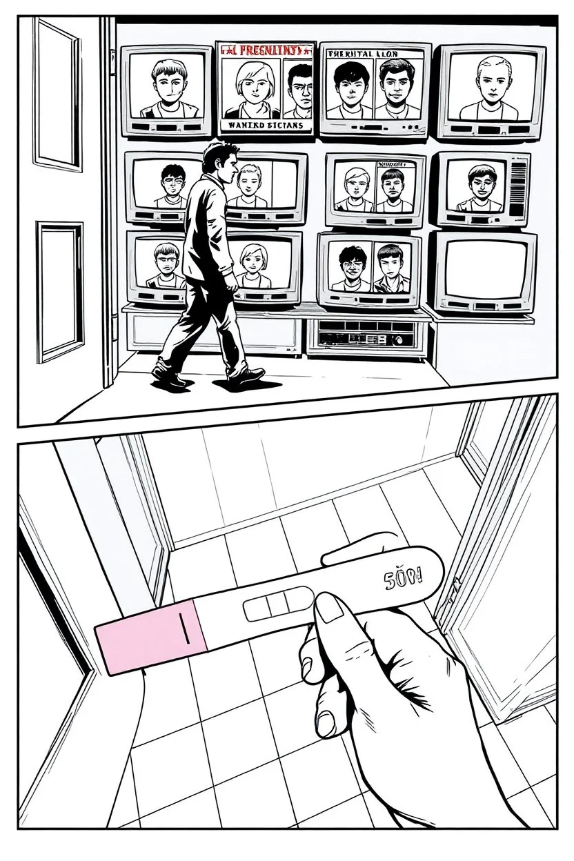 uncolored comic book page: top panel(man on his way out the door walks past a display of televisions on which a bulletin of wanted criminals mugshots appears, higher over the shoulder camera perspective), bottom panel(pov a woman's hand holding a pregnancy test that shows a positive result, tile floor below), panels divided at a 30 degree angle