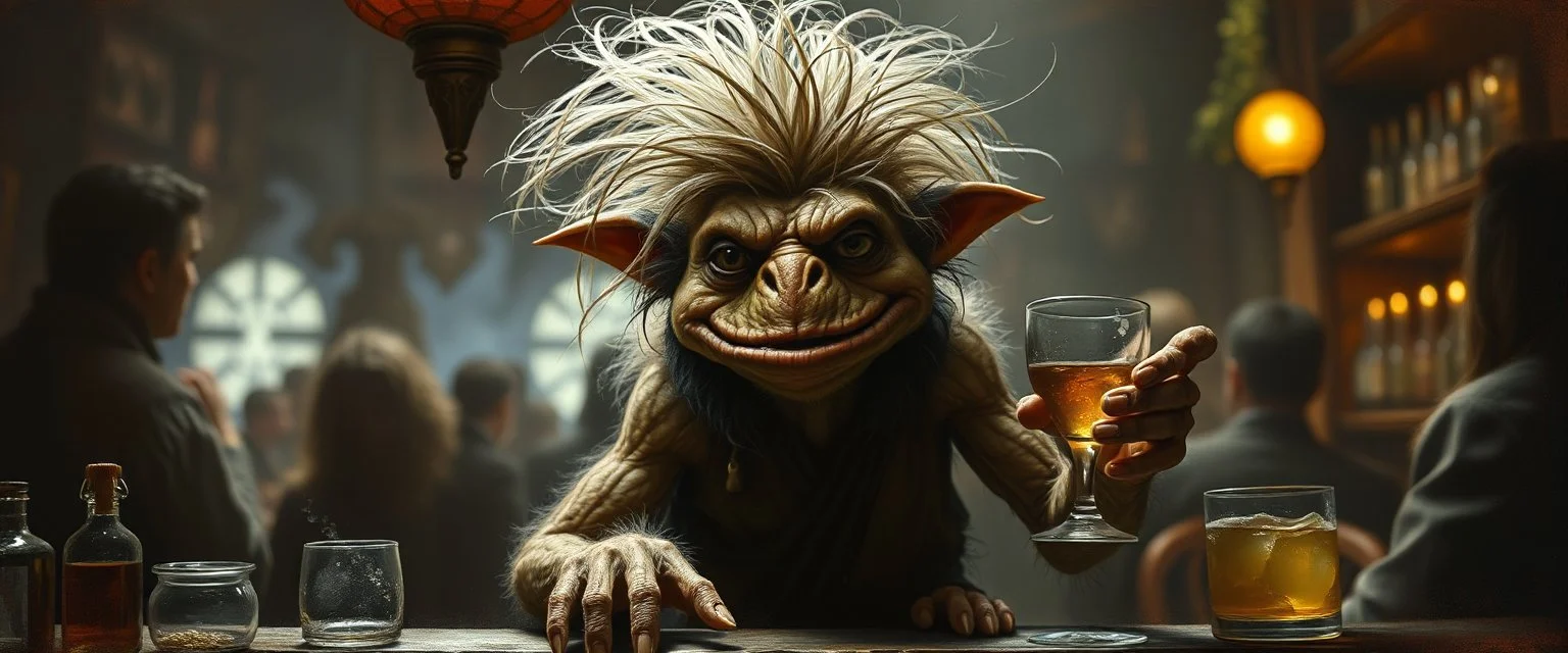 hårete gremlin slug bartender med vind i håret på fest malt av Rembrandt