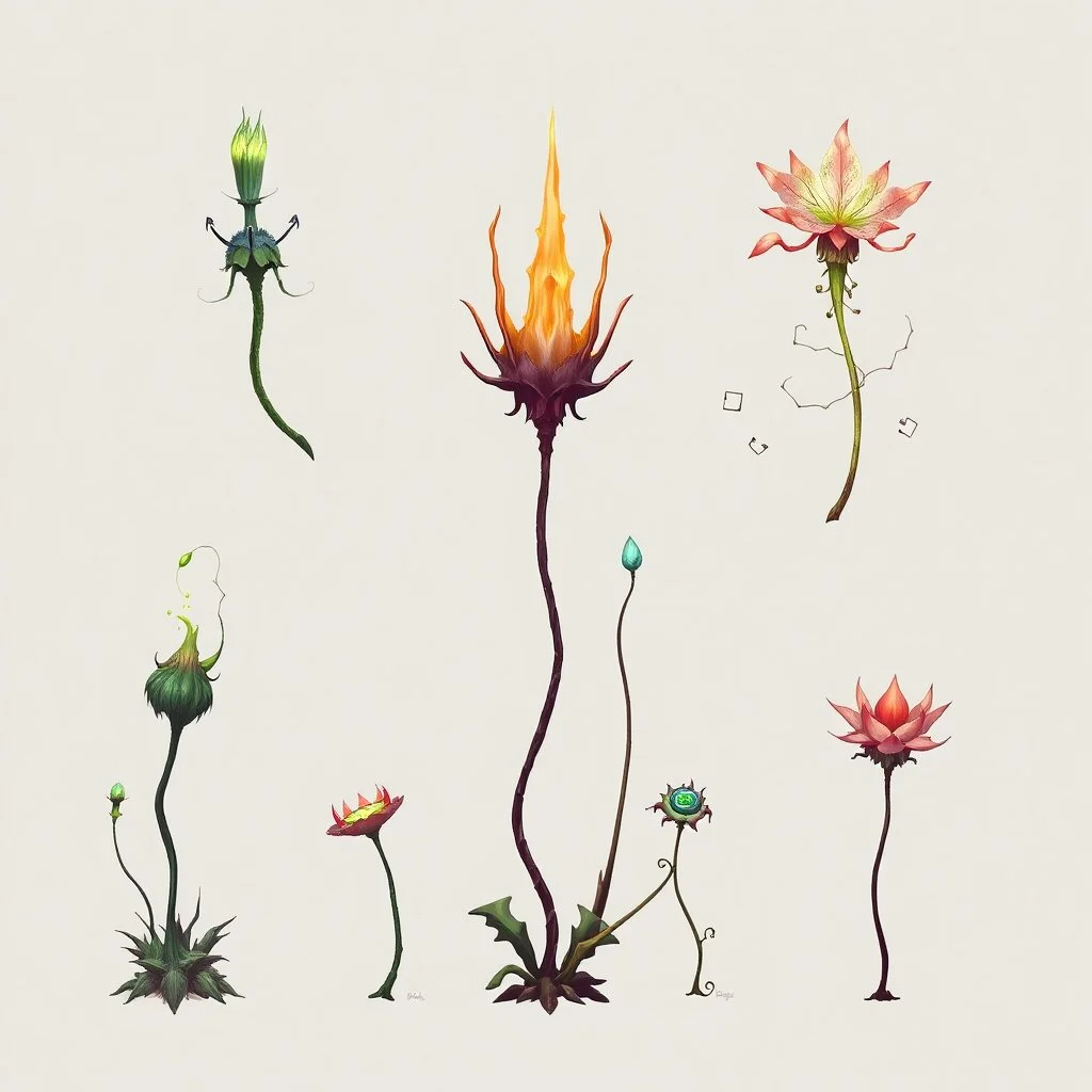 Isolated concept art of alien plants on a plain neutral background. Strange fictional extraterrestrial flora with unusual shapes, glowing details, thorns, spines, tendrils, and exotic flowers. Each plant designed with unique silhouette and fantasy colors, digital painting style, detailed textures, science fiction botanical illustration, no background, no landscape.