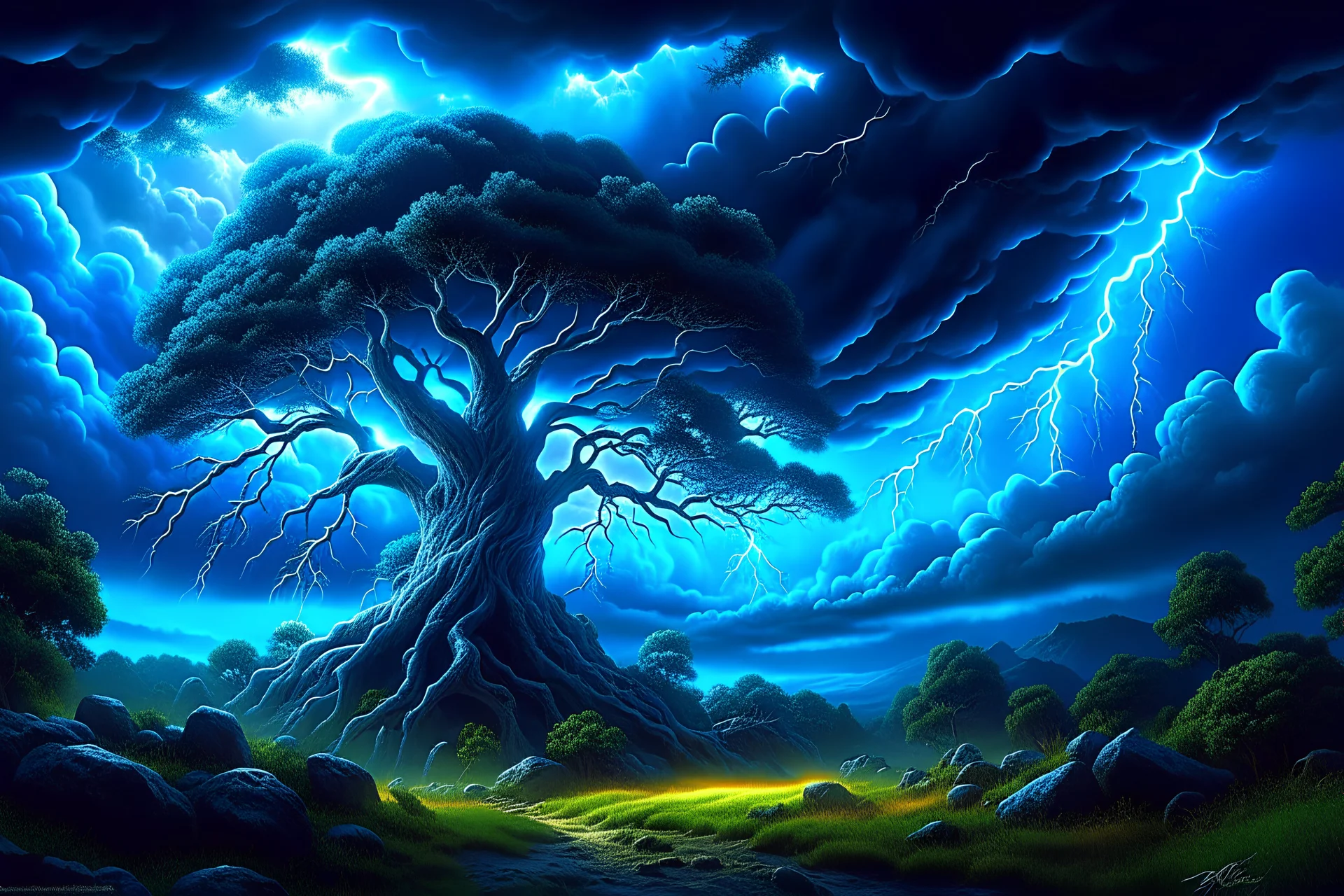 Epic cinematic breathtaking intricate insanely detailed painting of dramatic storm clouds and blue moonlight glow on an aesthetic remarkable old white oak tree, river, winding path, remote village & mountains, by tomasz allen kopera, dariusz zawadzki, andreja peklar, ivan shiskin, beautiful, colorful, cosmic, ultra detailed, ultra realistic, a masterpiece, polished, crisp quality