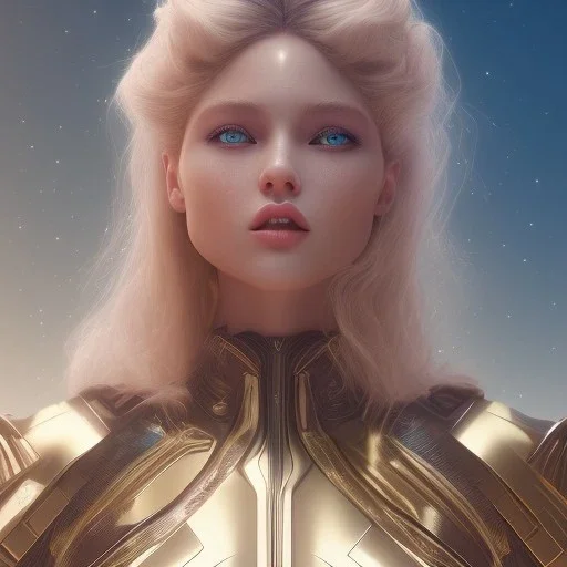 Beautyful woman,galactic , cosmic armor,hair long blond, blue eyes, happy cosmic, bright colors, blue, pink, realistic, photo real, clear sunny background, highly detailed, high contrast, 8k high definition, unreal engine 5, extremely sharp detail, light effect, sunny light background