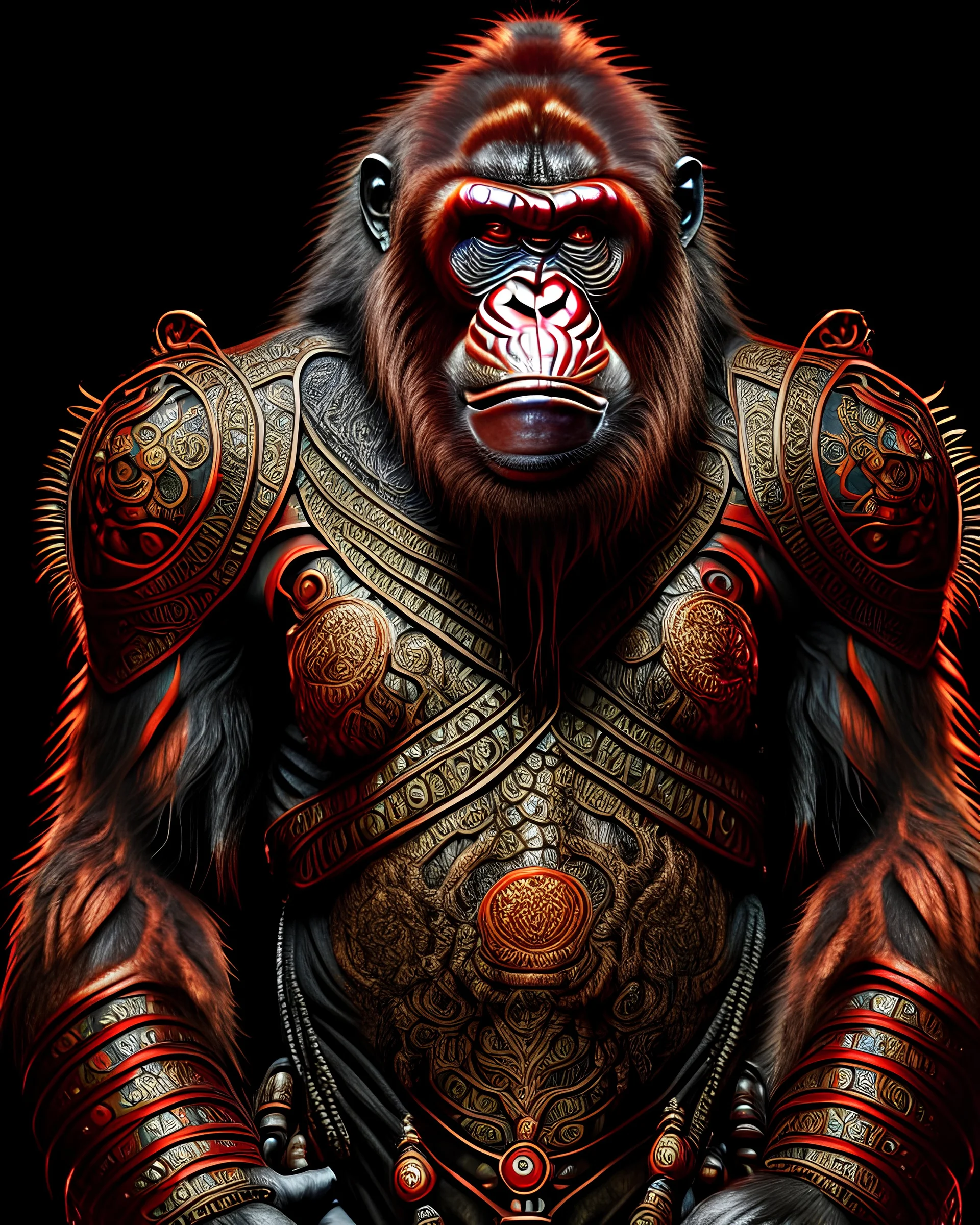 Orangutan Assassin Gothic symmetrical design standing full frontal view full body full arms full legs hyper-detailed hyper-realistic ink art full legs 8k