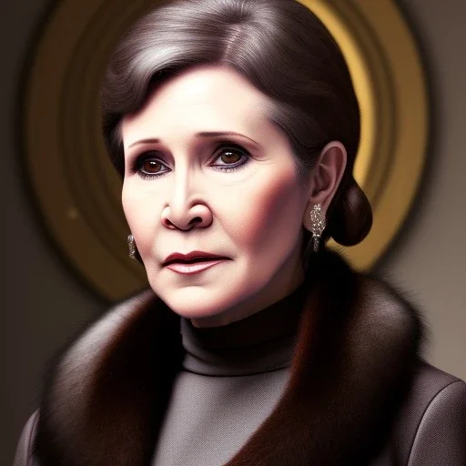 actress carrie fisher with short hair, fur coat, 17th century, dark setting, insanely detailed, 16k resolution, perfect eyes, round pupil, cinematic smooth, intricate detail, painted Renaissance style