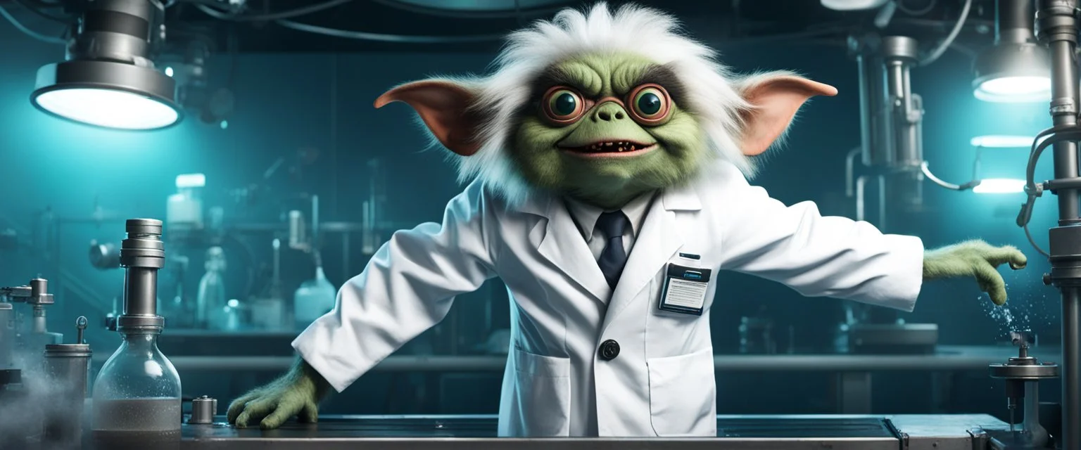 crazy fluffy gremlin scientist in lab coat on diving platform