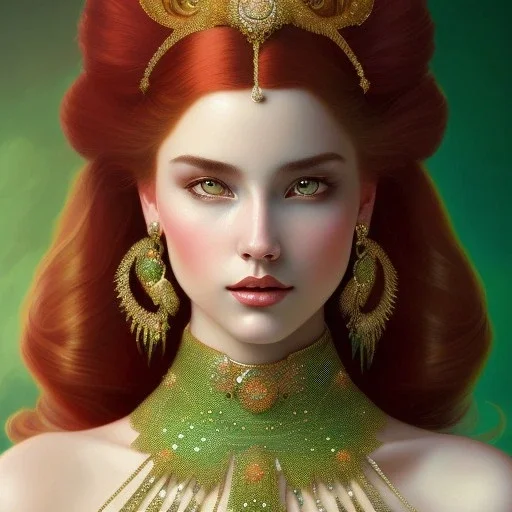 woman, feathers, 17th century, dress, red hair, green dress, elegant, whimsical, portrait, fantasy, highly detailed, digital painting, artstation, concept art, sharp focus, illustration, art by artgerm and greg rutkowski and alphonse mucha