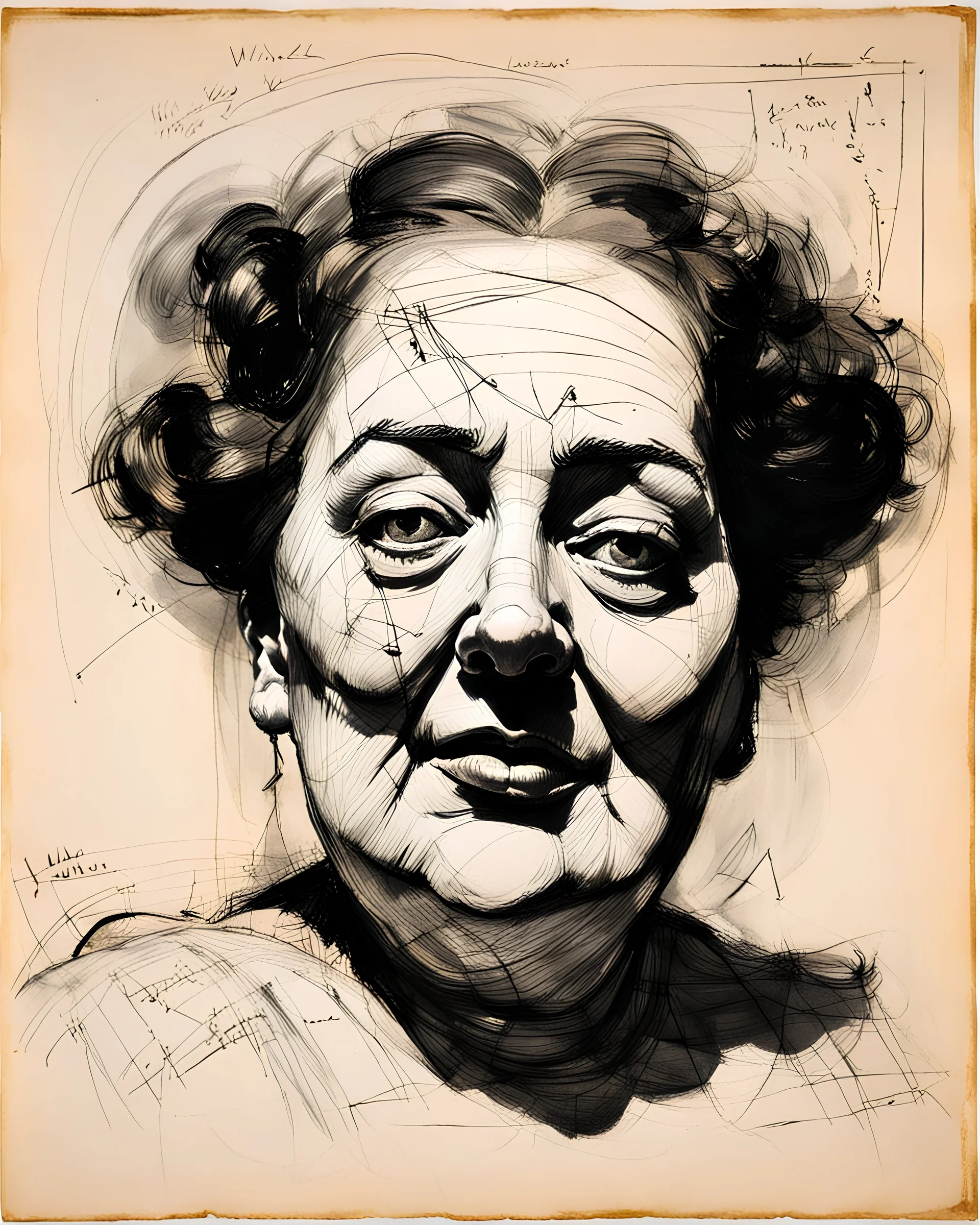 Weird face of a lying giant lady, sketchdrawing by William Kentridge