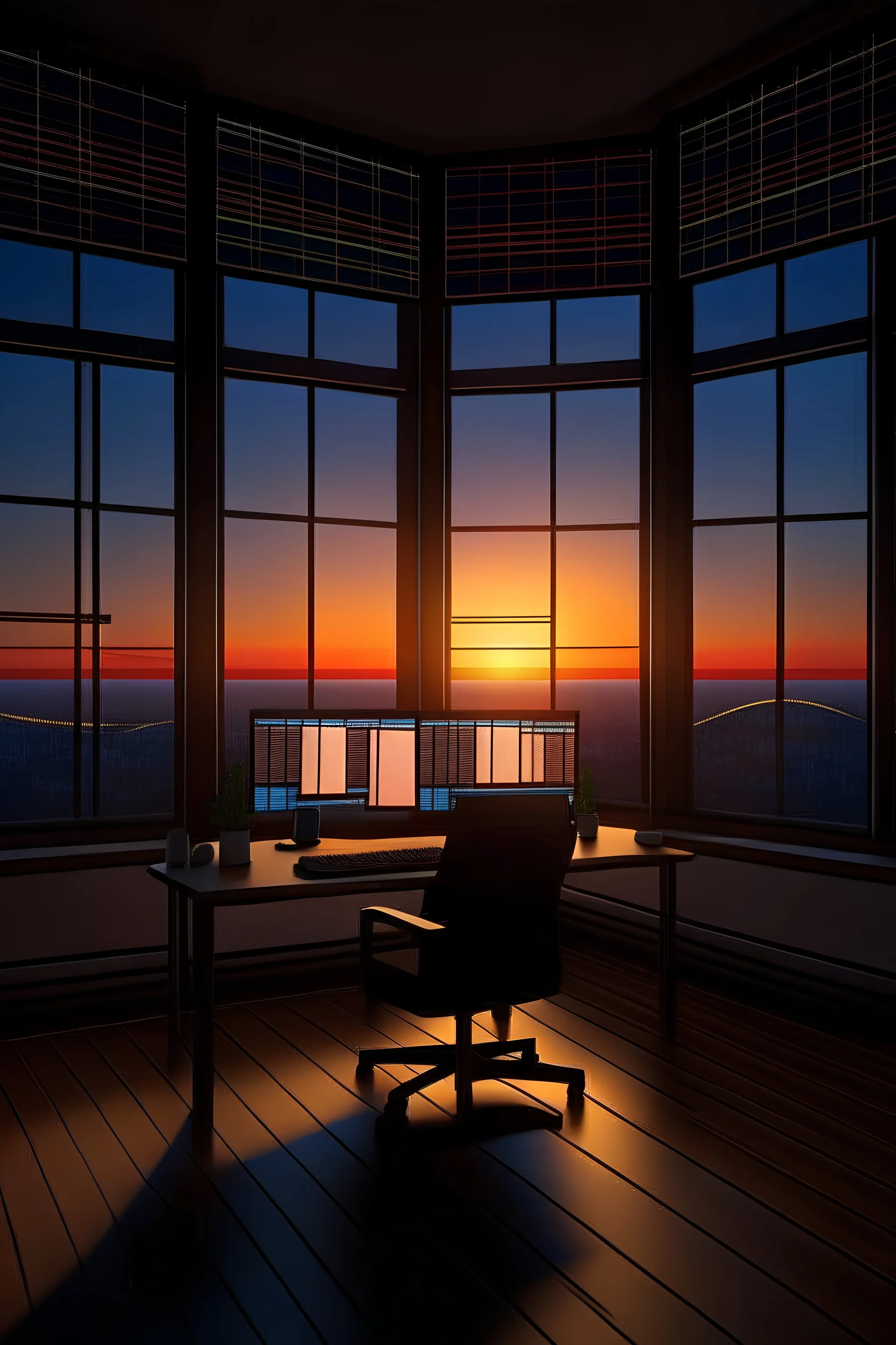 fondo de pantalla de una setup de trading con ventanal grande puesto al atardecer