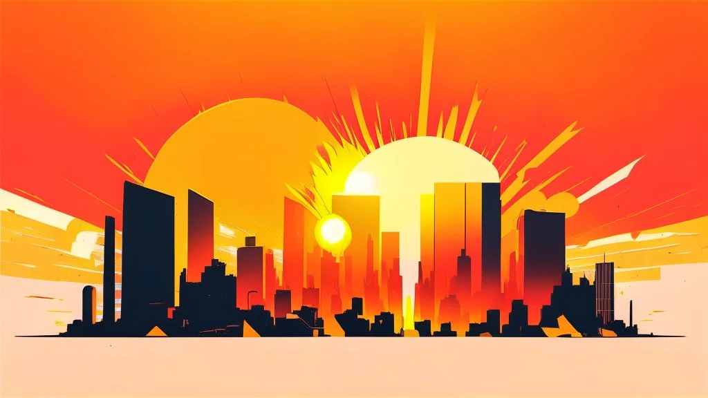 minimal design,shapes, synthwave, synthwave sun, synthwave city, simple,iconic:1.8), Explosion of color in city, comic style