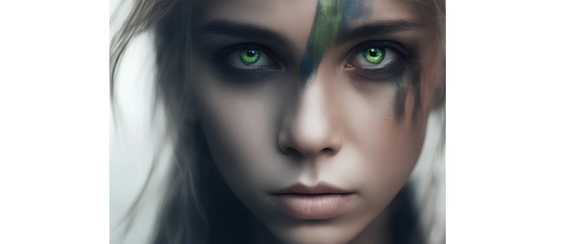 Photoreal gorgeous shot of beautiful young girl with one gold and one green eye, warrior, strong, sad, resilient, forgotten realms fantasy style by lee jeffries, otherworldly creature, in the style of fantasy movies, shot on Hasselblad h6d-400c, zeiss prime lens, bokeh like f/0.8, tilt-shift lens, 8k, high detail, smooth render, unreal engine 5, cinema 4d, HDR, dust effect, vivid color