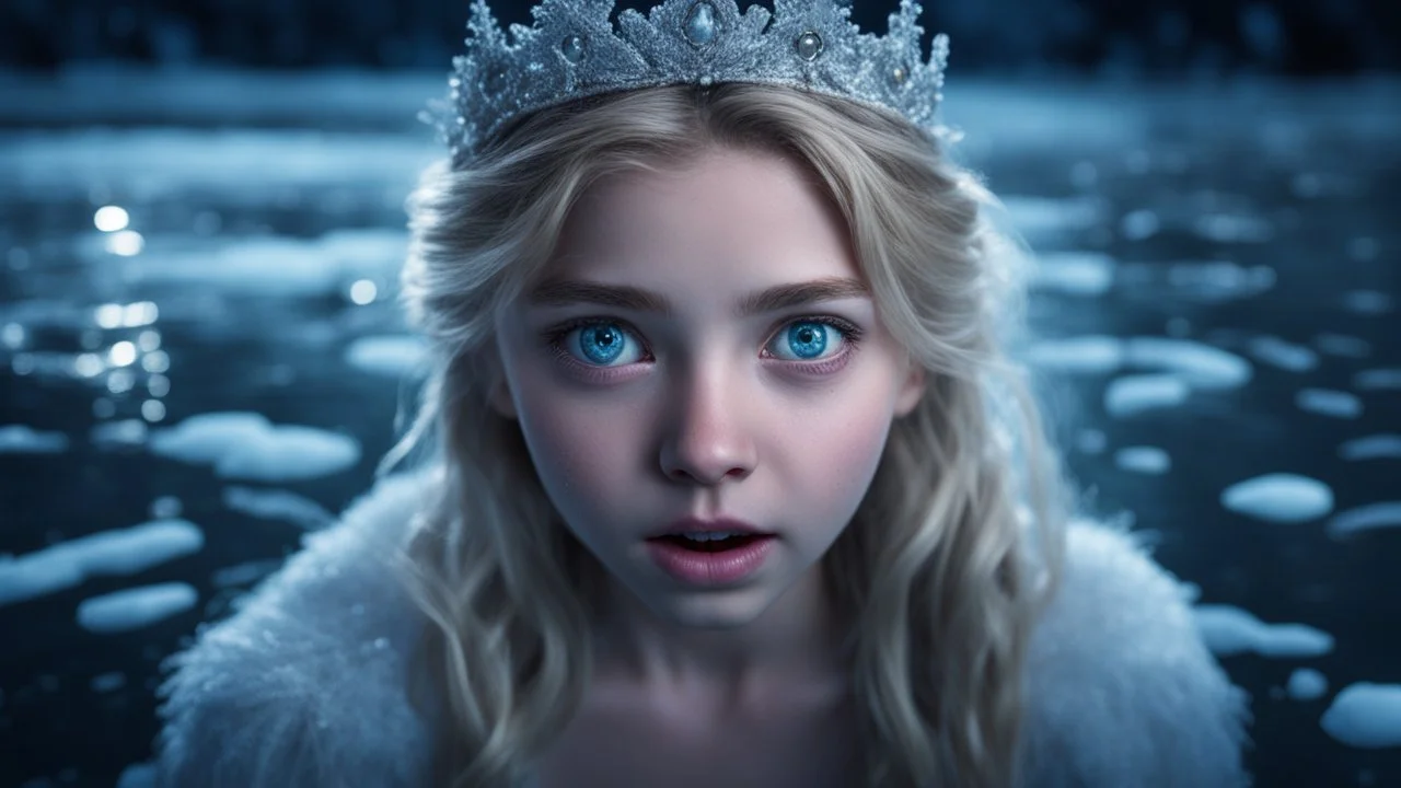 Hyper Realistic Photographic-view of Young Beautiful princess frozen deep-down a frozen-lake with the terrified look on her face & eyes dramatically open with-terrified-worried-expressions in her beautiful-eyes at night showing dramatic & cinematic ambiance