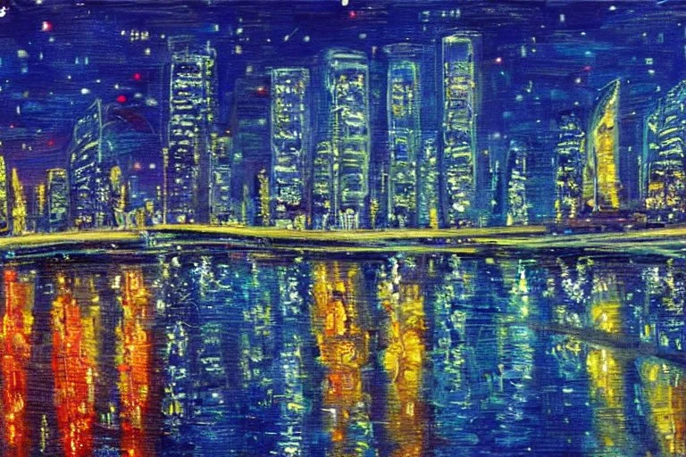 Night, lanterns, futuristic buildings near trees, highway, sci-fi, impressionism painting