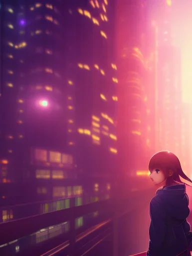 A girl, makoto shinkai style, anime, japan animation’s background, 80mm camera lens, wide angle, night view, city, building, edge, high detail