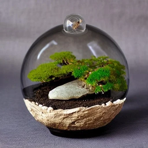 exquisite bonsai terrarium in a glass orb, petrified wood, pebbles, warm lighting, linen backdrop