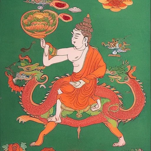 buddhist god of flowers and fruits riding on a dragon