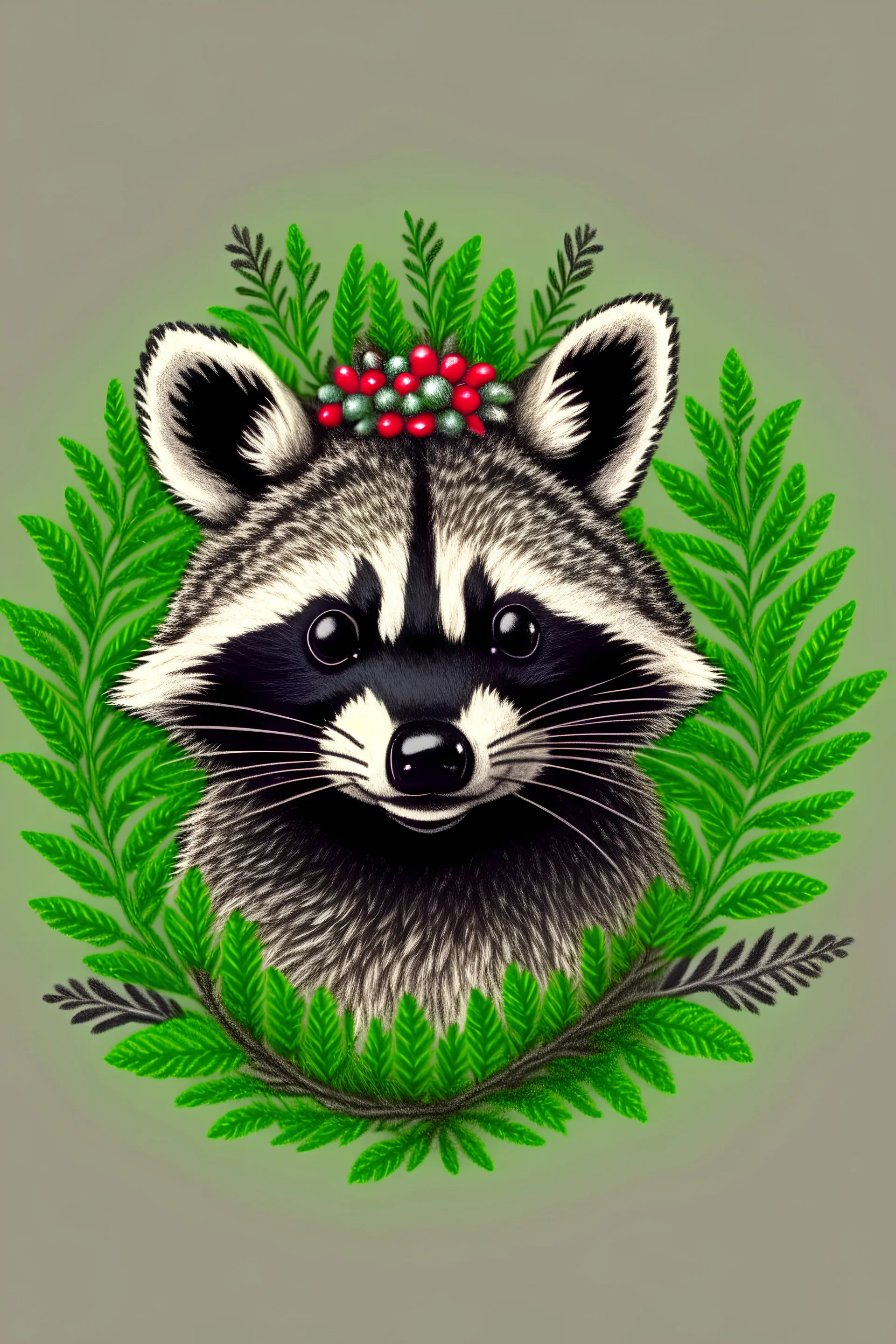 Retrato de um racoon em estilo clássico com uma coroa de flores