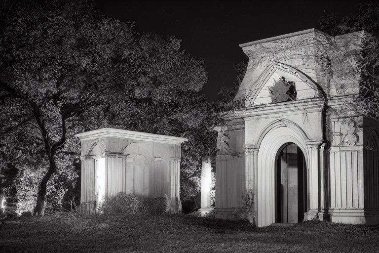 Creepy mausoleum at night, trees, hearse car