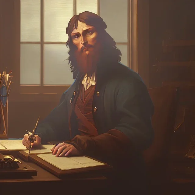 leonardo da vinci works in his study on a laptop at his desk. painting in photoshop. hyperdetailed, warm colors, movie poster, photoillustration, oil on canvas, lens flare