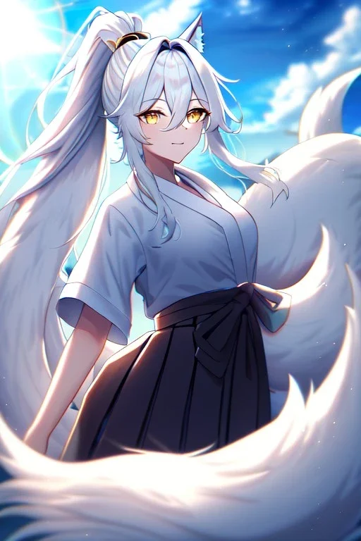 fox girl, masterpiece, best quality, cinematic lighting, detailed outfit, vibrant colors, perfect eyes, golden eyes, long hair, white hair, messy hair, hair between eyes, depth of field, ray tracing, ponytail, hakama, tail,