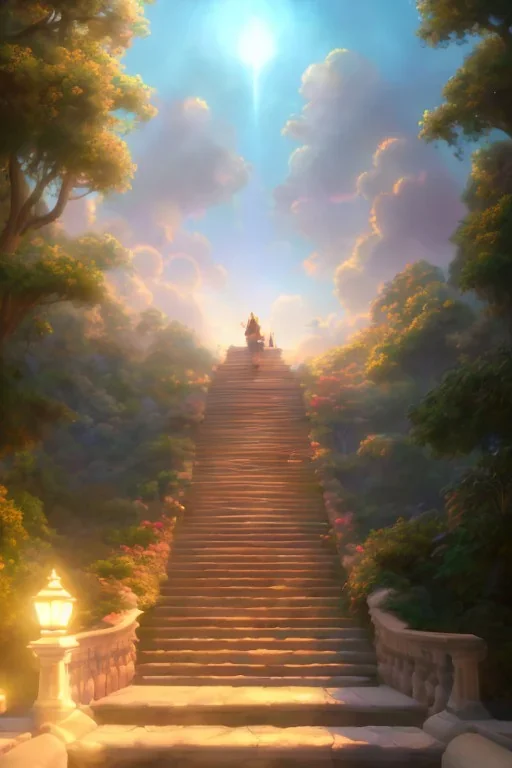 stairway to heaven made of light, sky full of clouds, art by greg rutkowski and peter mohrbacher, featured in artstation, octane render, cinematic, elegant, intricate, ultra detailed, rule of thirds, professional lighting, unreal