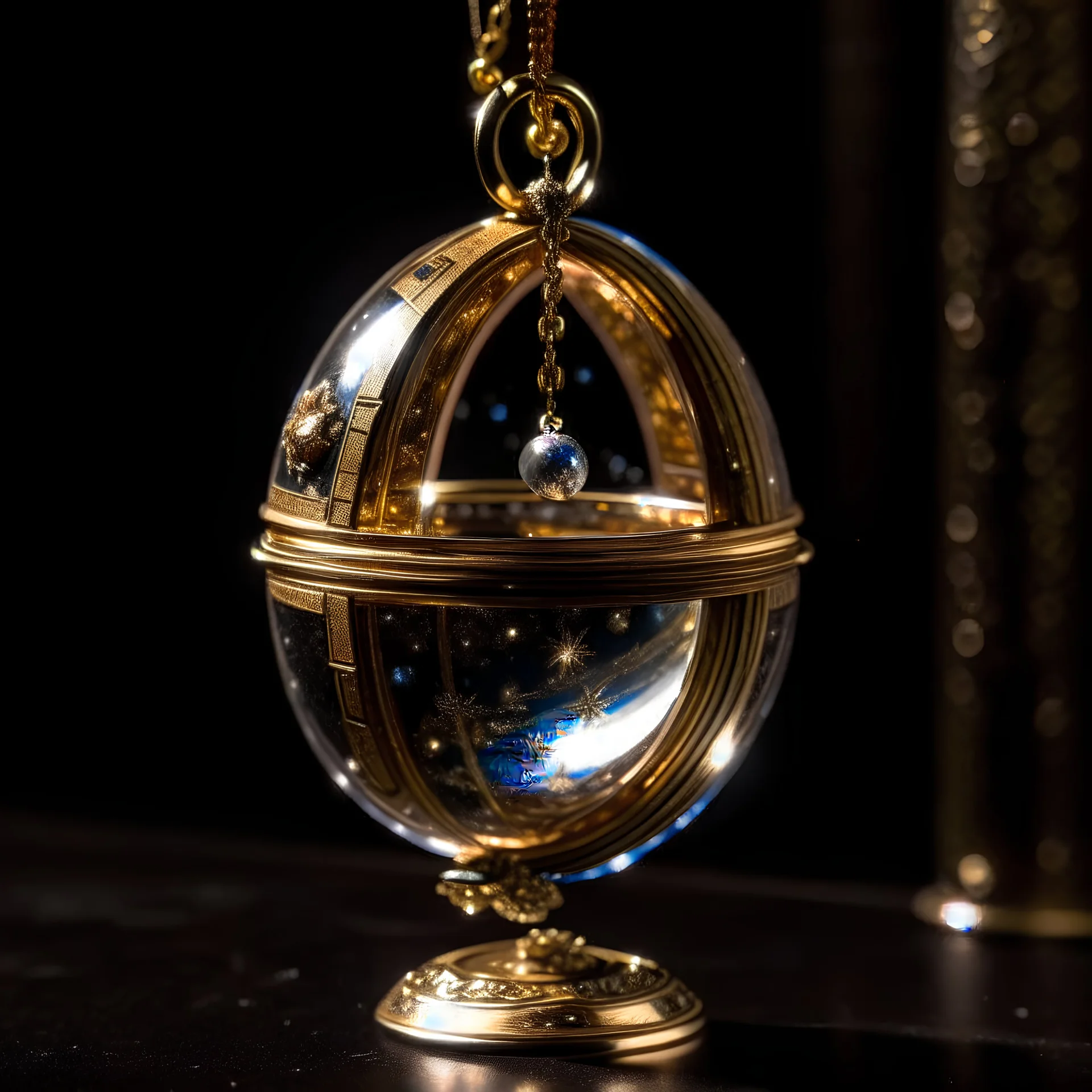 A glass Faberge orb hanging from a belt containing the universe