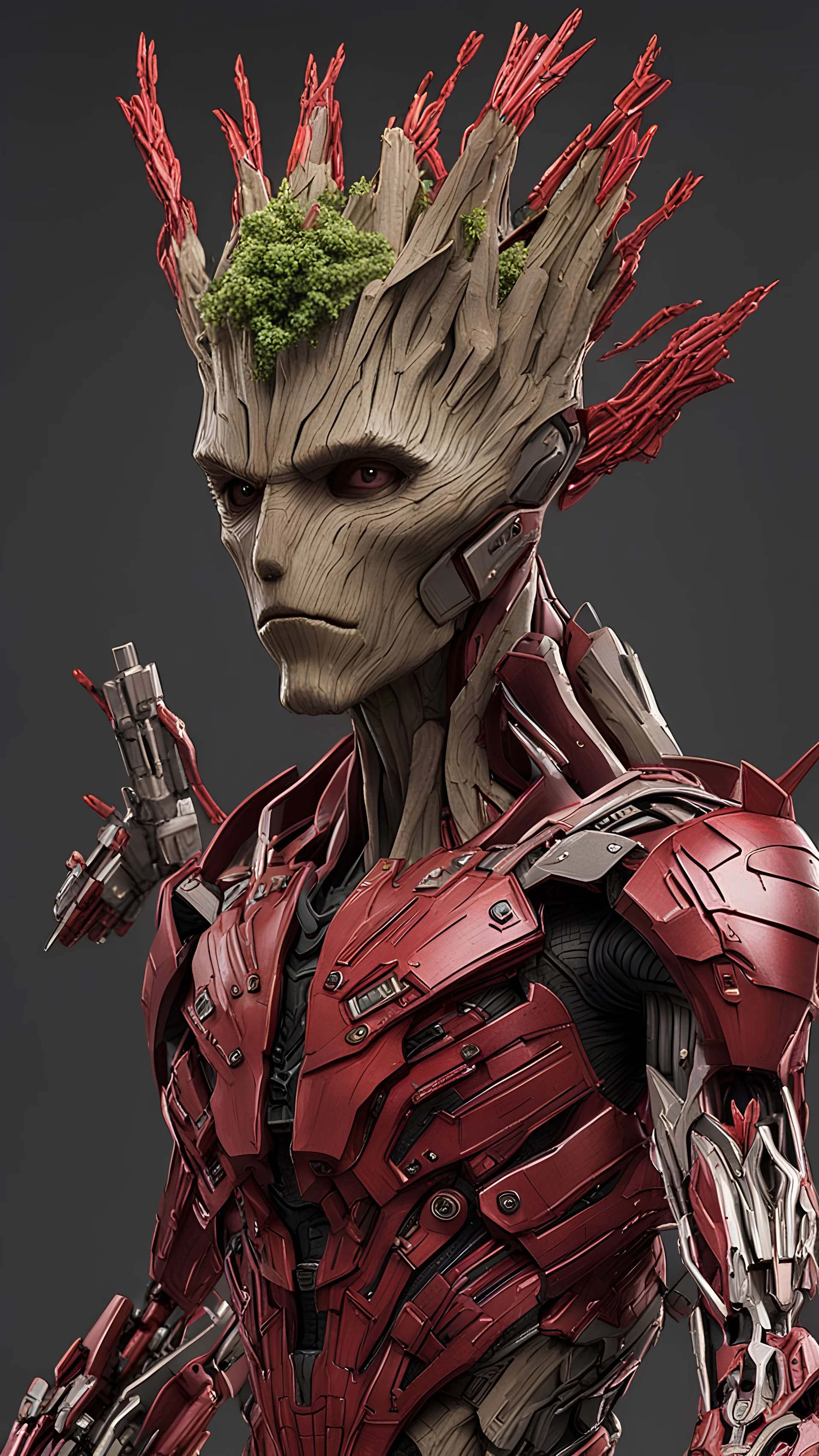 a groot in cybernetic armor, ultra detalhado, cor vermelho . ::n_ desenho, Imperfection, baixa qualidade, boneco, jogo, realistic, full body ,assinatura