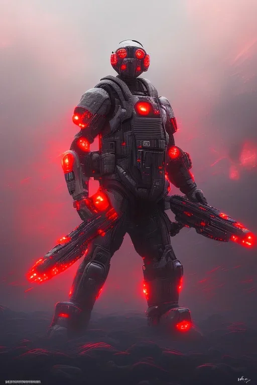 Portrait of a dangerous Futuristic warrior, dark scenery, red moon