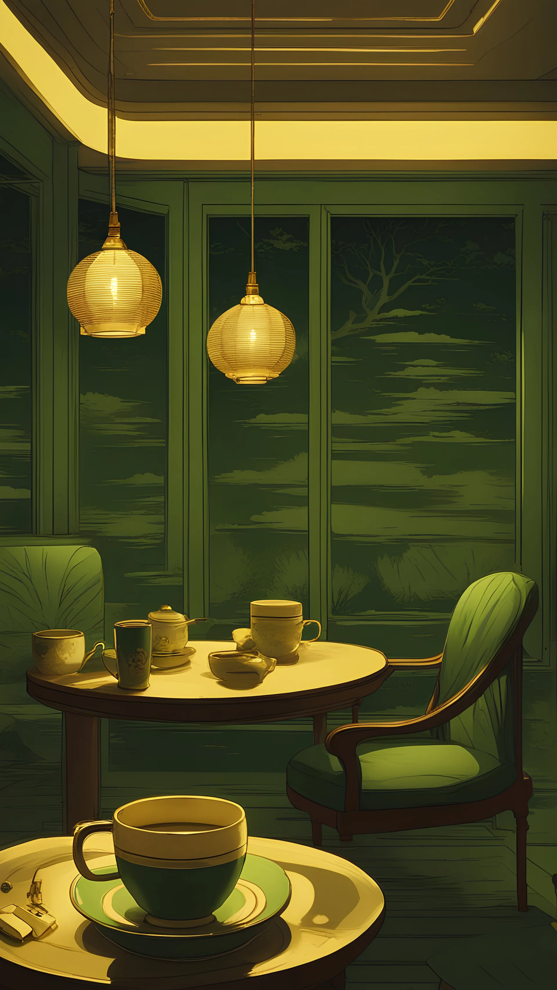 Green tea, room at night, and golden lighting