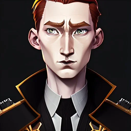 general hux 3/4 view, wearing a black First Order uniform, serious, imposing figure, thick eyebrows, digital art, wearing a black First Order uniform, green eyes, gray background, sepia filter