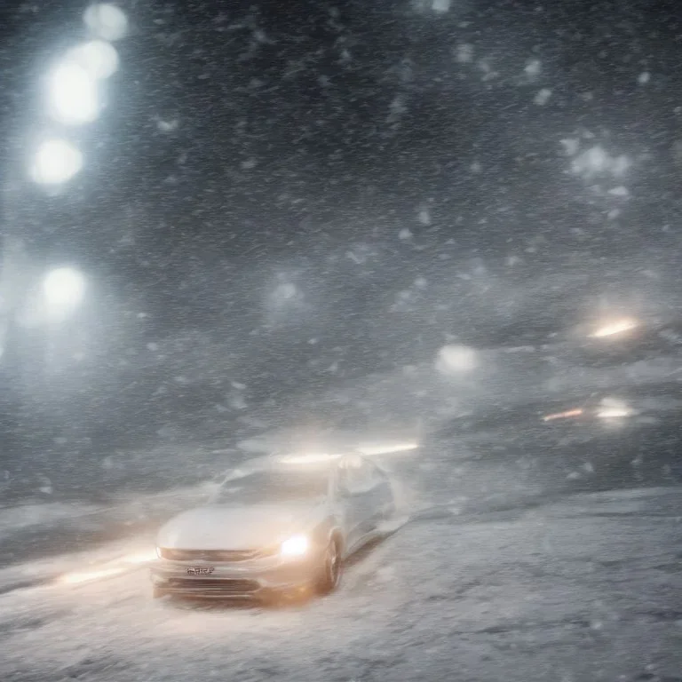 a photo of a car with a human face driving in a snow storm and screaming with pleasure, highly detailed, realistic, unreal engine, hyper realistic, 100 mm, f / 4, 8k, tyndall effect, cinematic, ultra wide angle