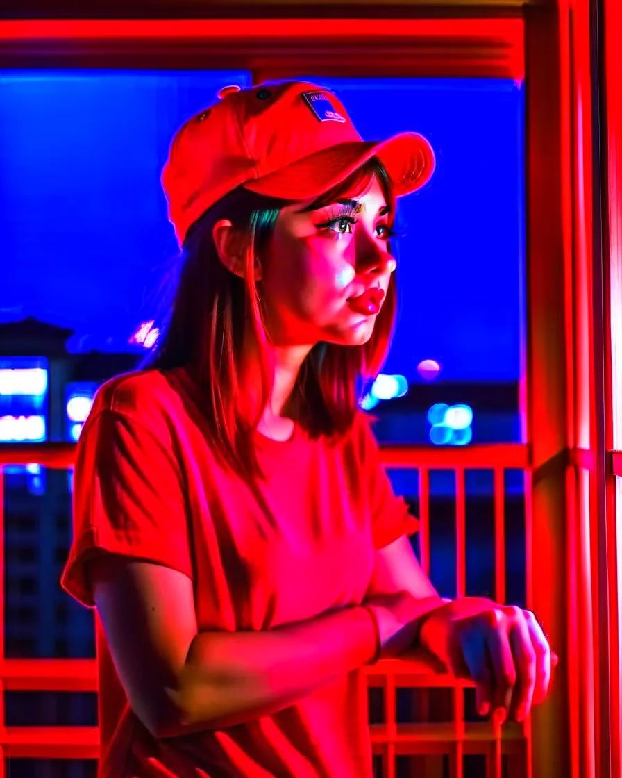 woman with a red baseball hat. leaning on a wooden balcony. night time. anime. studio lightining.