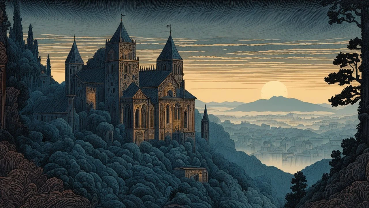 museum quality color woodcut landscape of a dark, otherworldly, and foreboding medieval Italian tower house thickly veiled in dense fog , with highly detailed stonework in 10th century Florence , at midnight, in the style of Gustave Baumann, with a fine art aesthetic, highly detailed, finely cut ,8k render,