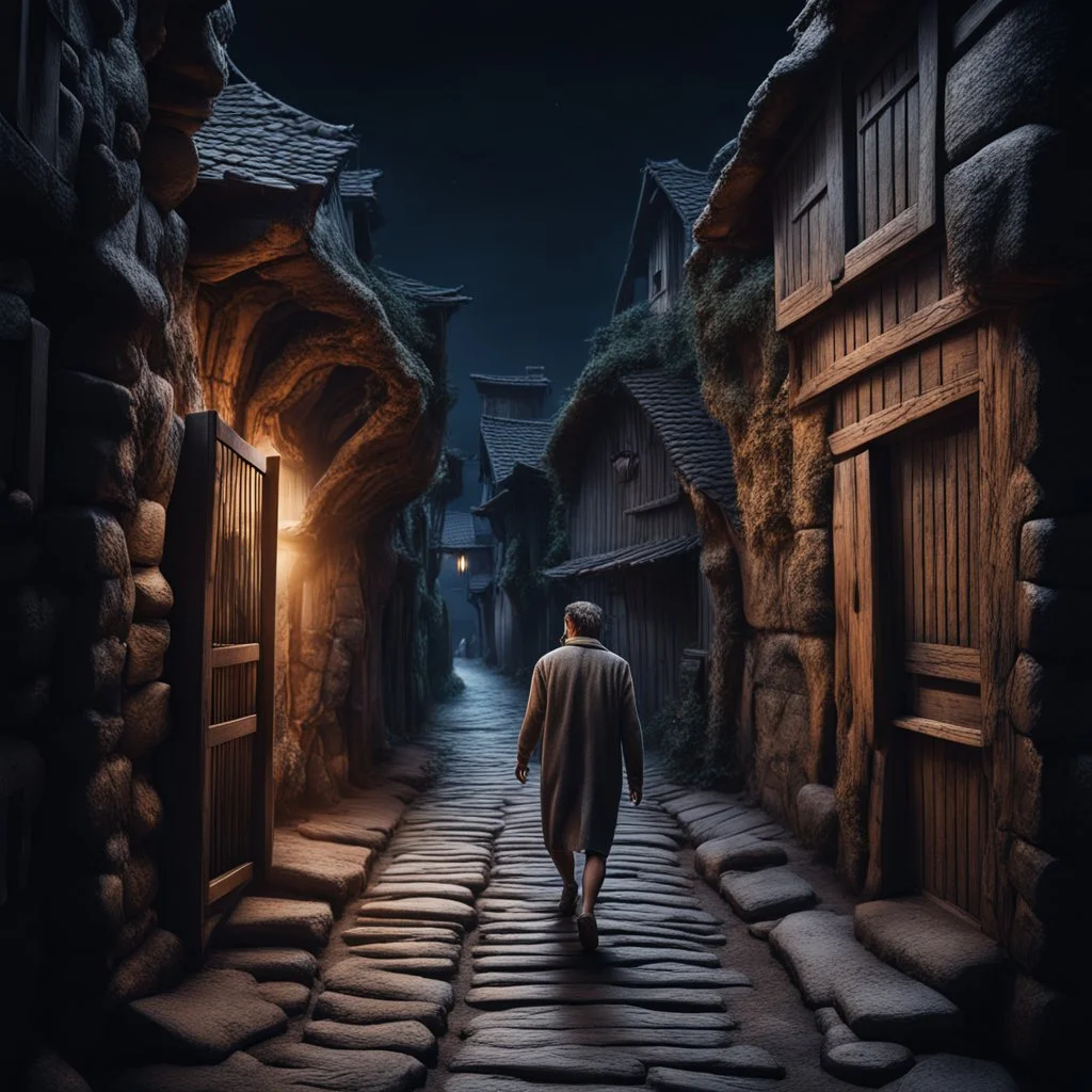 Hyper Realistic man walking between a prehistoric narrow street with ancient wooden houses gates at dark night