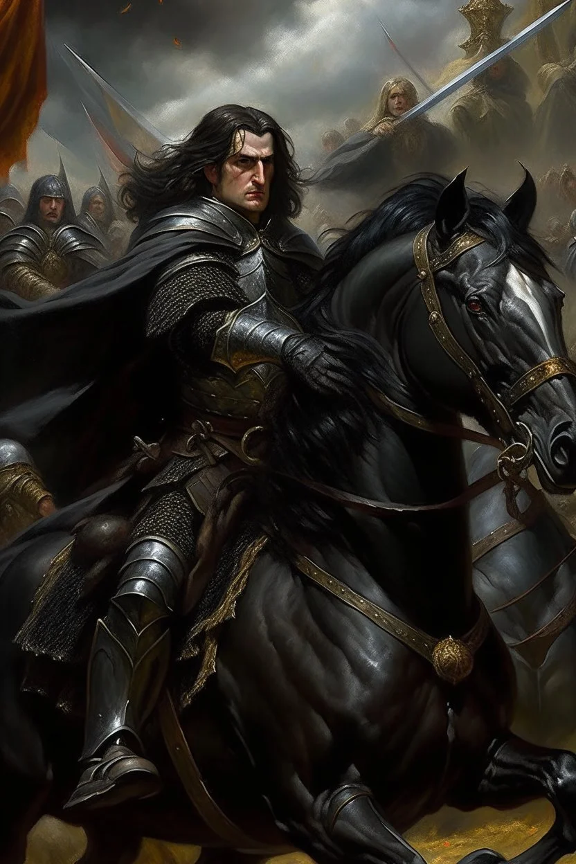 Oil painting of a king Very handsome with black hair poked on his black horse and wearing full black and fur Raset battle and those around him fighting Photorealistic