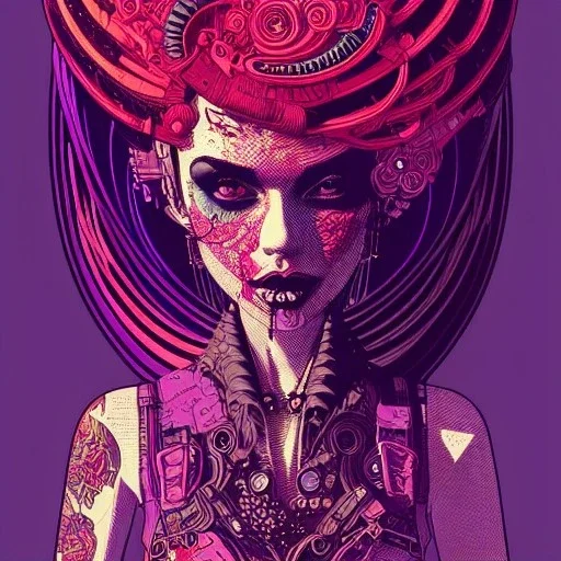 beautiful punk girl, leaning pose, smiling, hyper detailed, hyperdetailed, intricately detailed, illustration by <kilian eng>, purple tones, darkred tones,