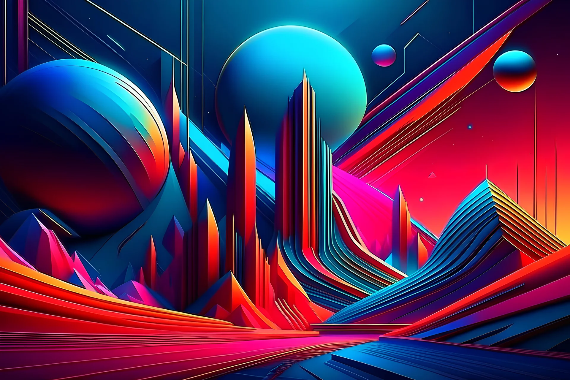 2. Futuristic geometric landscape, neon colors, 3D shapes, optical illusion, digital art, ultra-modern, high detail