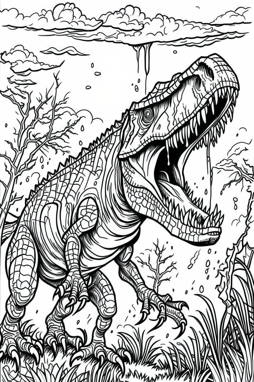 create a coloring page, white background Depict a T-Rex emitting a thunderous roar to warn nearby dinosaurs of its presence and establish dominance over its territory ink drawing clipart, simple line illustrations, colored