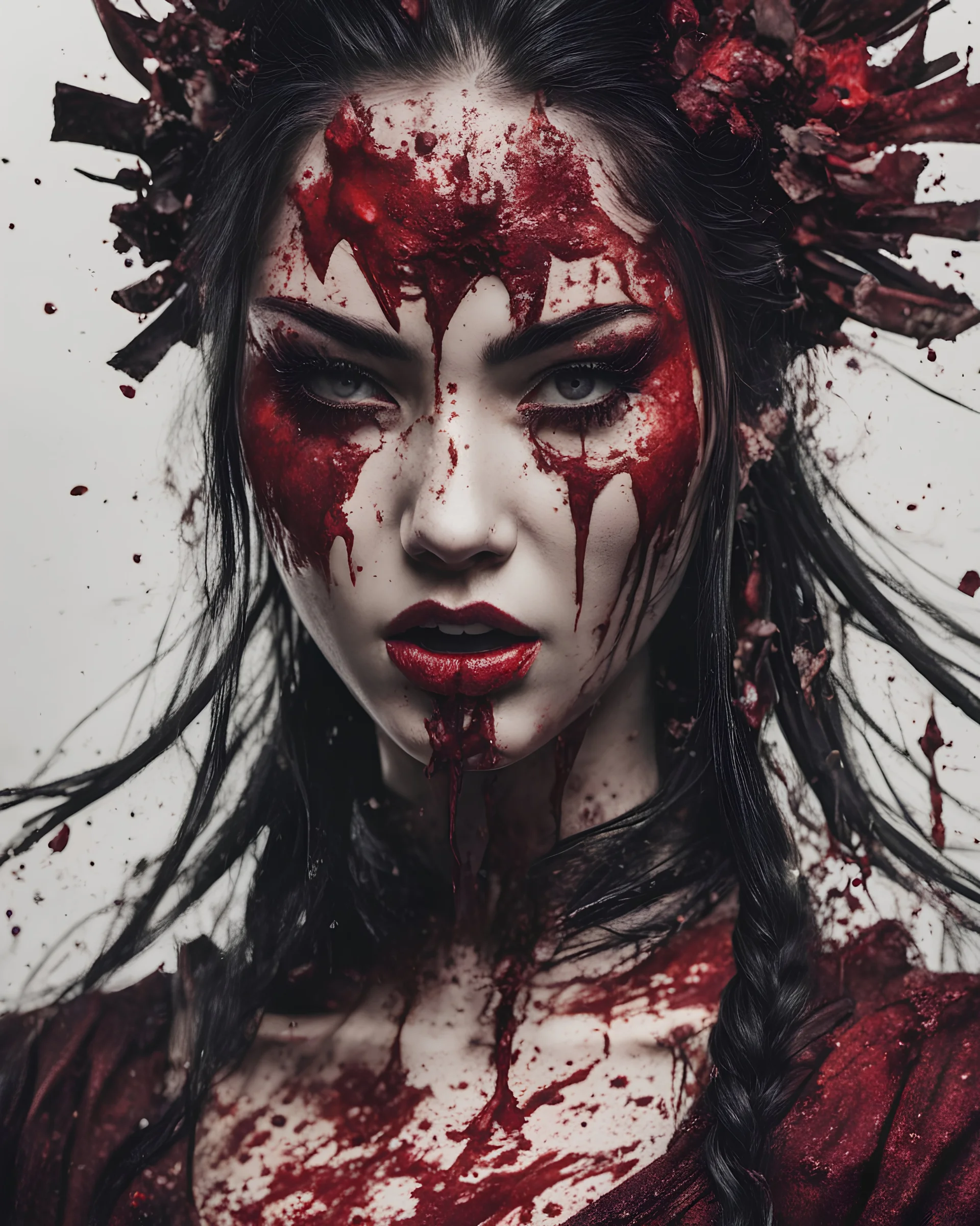 Tall girl samurai, face distorted with pain, screaming, tears streaming from eyes, siting pose, fullbody, splashes blood, behind guts rising from the ground, intricate, darkred tones, macro photography,