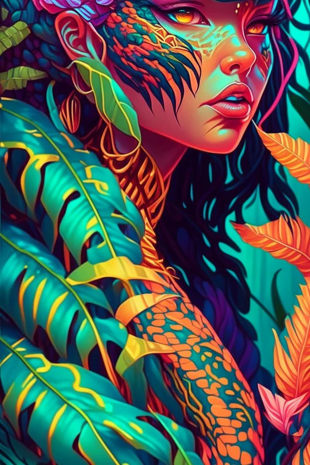 Tropic Viper Girl, Highly detailed, Vibrant colors, Sharp focus, art by mandie manzano and lois van baarle, tropical foliage in background, Fantasy, Intricate, Matte, trending on artstation.