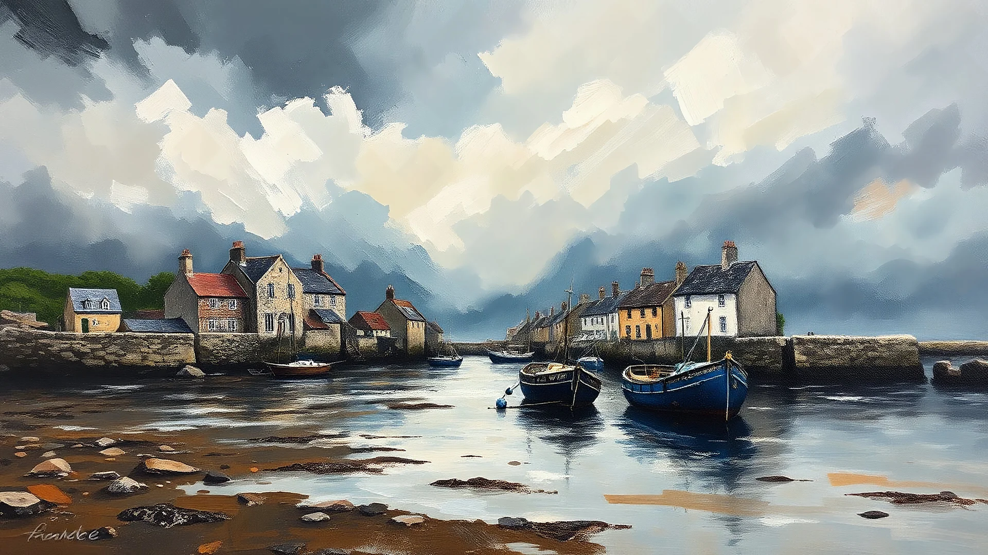 Oil painting wide strokes of stormy sky of an old harbour of a fishing village with houses of stone, at low tide