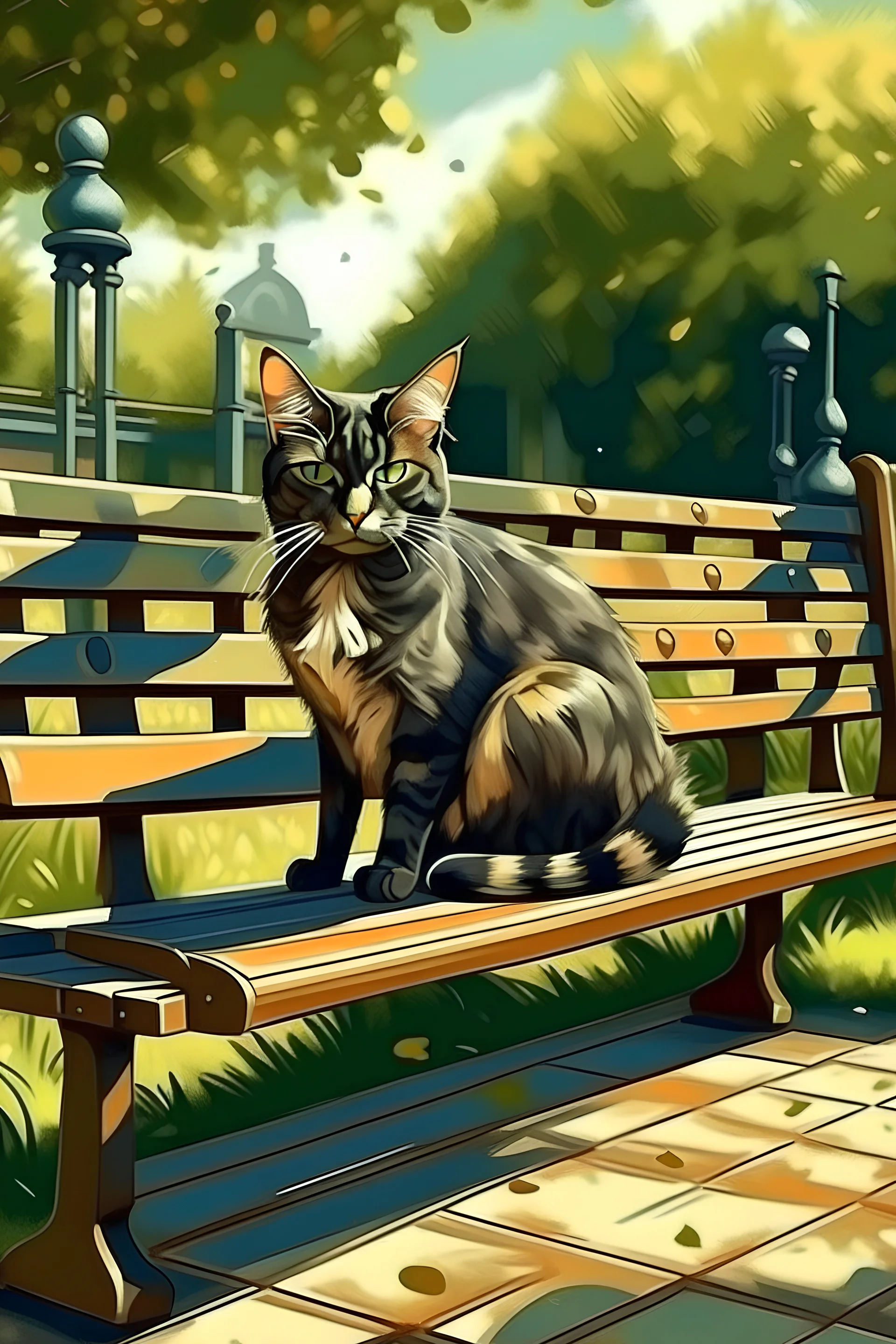 Cat on the bench in park, realistic