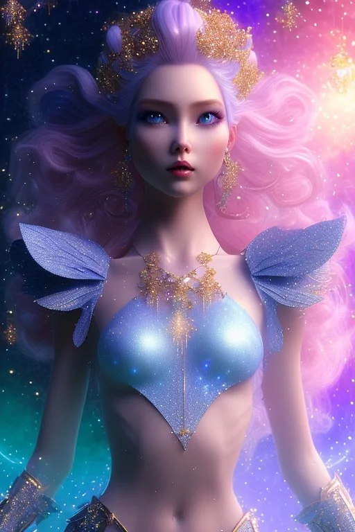 woman glitter blue fairy in a galactic ambiance, long blue hair, detailed gorgeous smile, delicate colors in the foreground, full of details, smooth, light effect，vaporwave colorful, smooth, extremely sharp detail, finely tuned detail, ultra high definition, 8 k, unreal engine 5, ultra sharpBeautyful smiling young woman, long hair amazing blue eyes, flowers, happy cosmic, bright colors, blue, pink, gold, jewels, realistic, photo real, clear sunny background, highly detailed, high contrast, 8k 