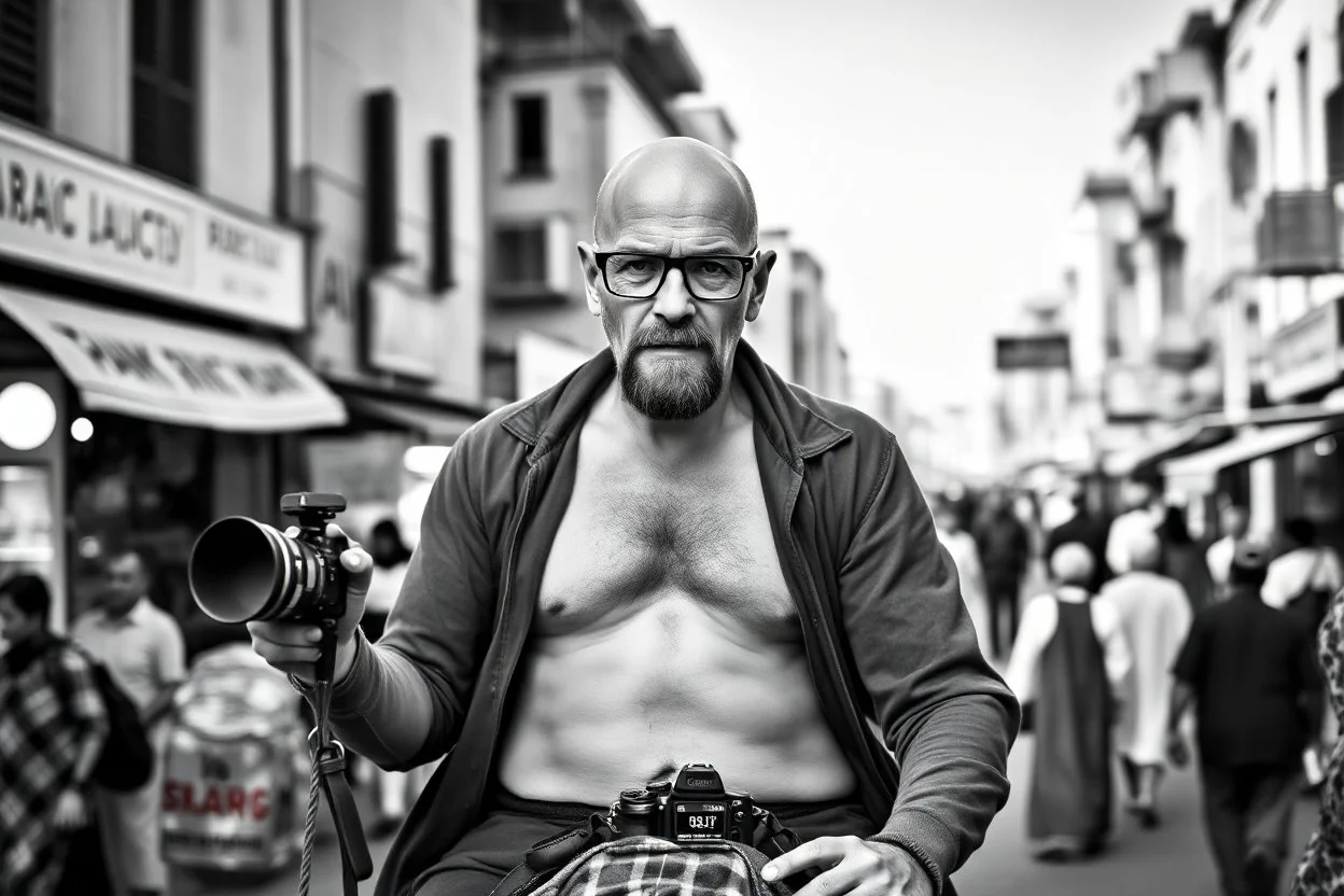 man looking like "Walter White" in breaking bad tv show, bald and goatee glasses, with bare chest riding on a camel in a alley Casablanca town, panorama, black and white photo, lot of markets and people in background, camera in the back of him
