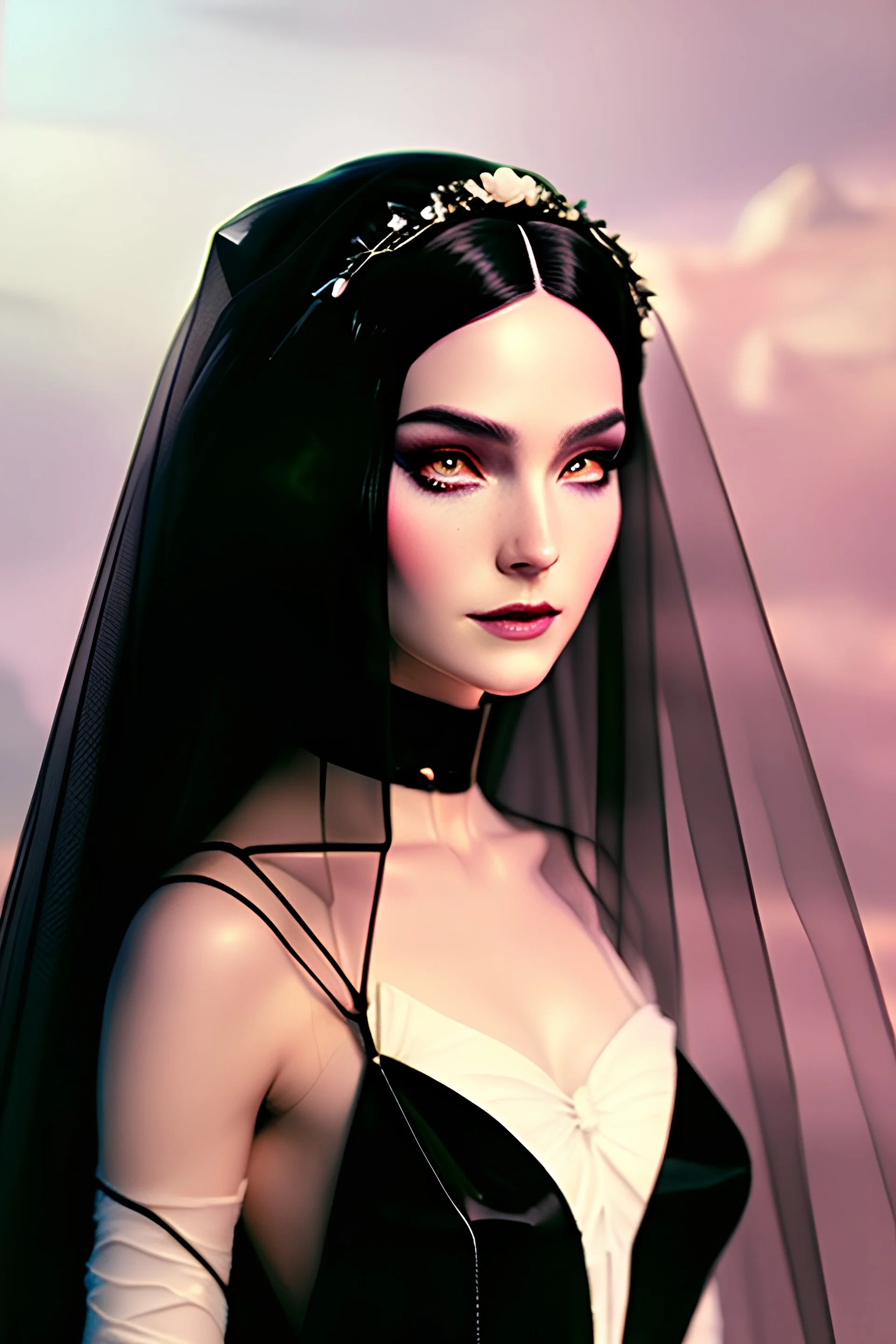 Ultraquality digital_illustration of a witch bride wearing a black wedding dress!!!, deep watercolor!,cosmic, astral, inspired by ismail inceoglu, Dan_witz, moebius , android_jones, artgerm , studio mappa, photorealistic, Hyperrealistic, cgsociety zbrush_central fantasy album cover art 4k hdr 64 megapixels 8k back lit complex elaborate fantastical hyperdetailed