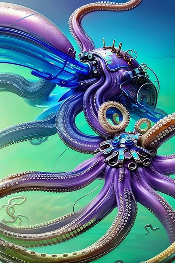 A surreal, cyberpunk mechanical octopus with a blue gel body and a flurry of intricate electronics within, rendered in hyper-realistic detail and full depth of field.