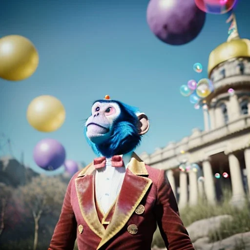 Ultra realistic circus scene. Blue Monkey man, waist up view, Wes Anderson style, happy, bubbles, party, confeti, highly detailed, concept art, unreal engine 5, god rays, ray tracing, RTX, lumen lighting, ultra detail, volumetric lighting, 3d, finely drawn, high definition, high resolution.