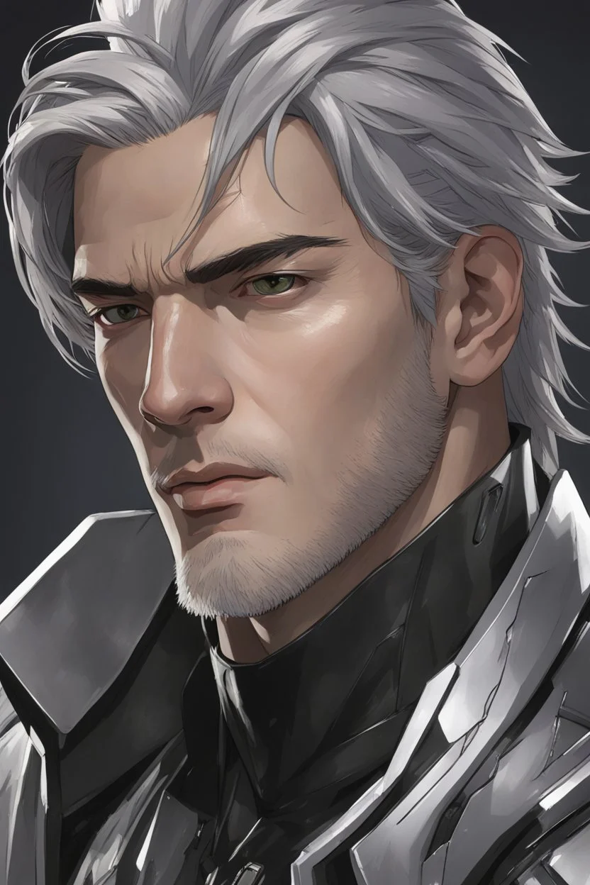 close up headshot portrait of a man in his 20's, silver hair, gray eyes, athletic build, perfect face, confident, protective-looking, Wadim Kashin, James Gurney, amazing beauty, splash art background, wears silver and black clothes, anime style, 8k resolution, high definition, intricate design,