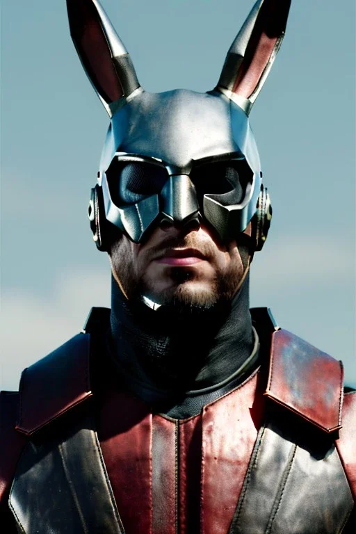 Medium Close Up Portrait, Front image. cyberpunk, rabbit mask helmet, strong man, titanium hair. Leather suit. Black, red, color. Thor style. Color background, photo studio. Avatar image, highly detailed, concept art, smooth, unreal engine 5, ray tracing, RTX, lumen lighting, ultra detail, volumetric lighting, 3d, finely drawn, high definition, high resolution.