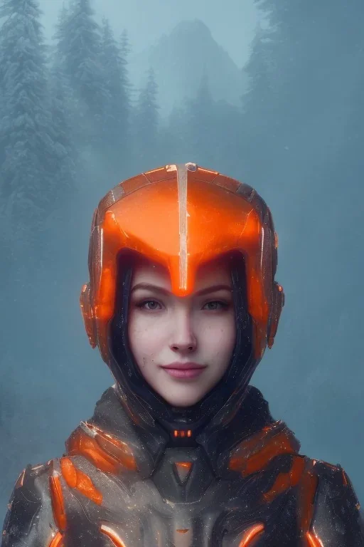 portrait of a beautiful girl, wearing glowing orange armor, futuristic armor, natural posture, nice smile, snowy mountain background, snow, fur cloak