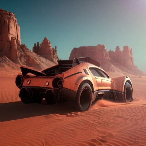 3d rendering. futuristic neon car. Buried in desert sand. Lost in Time, dramatic lighting, hyper realistic, cinematic lighting